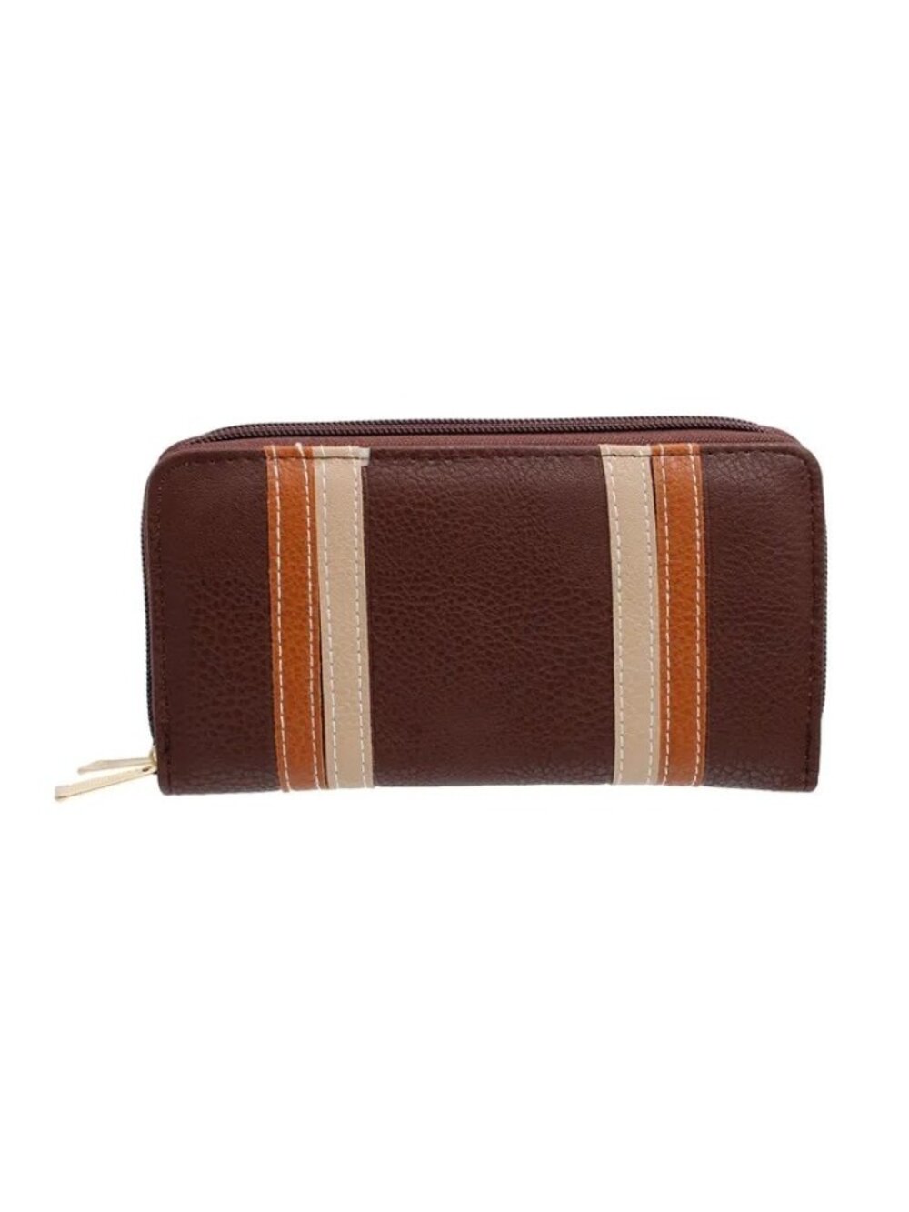 Brown Striped Faux Leather Double Zipper Wallet Wristlet - 7.5 x 4 x 1.5 Inches
